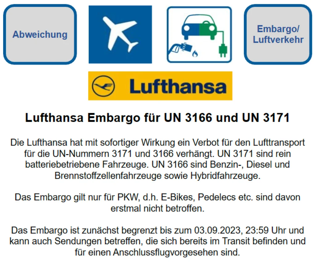 Lufthansa-Embargo für UN 3166 und UN 3171 Newsletter 05-2023 Embargo de