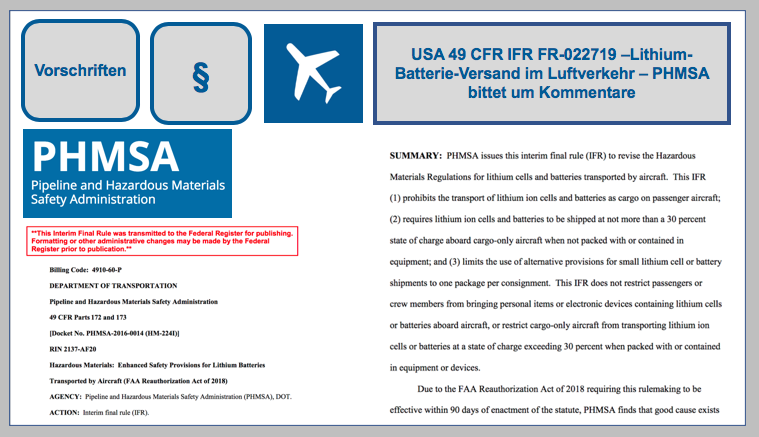 USA 49 CFR IFR FR-022719 –Lithium-Batterie-Versand im Luftverkehr – PHMSA bittet um Kommentare BF-DE-USA-49-CFR-IFR-FR-022719-PHMSA