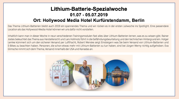 Lithium-Batterie-Spezialwoche 01.07 - 05.07.2019 Ort: Hollywood Media Hotel Kurfürstendamm, Berlin
