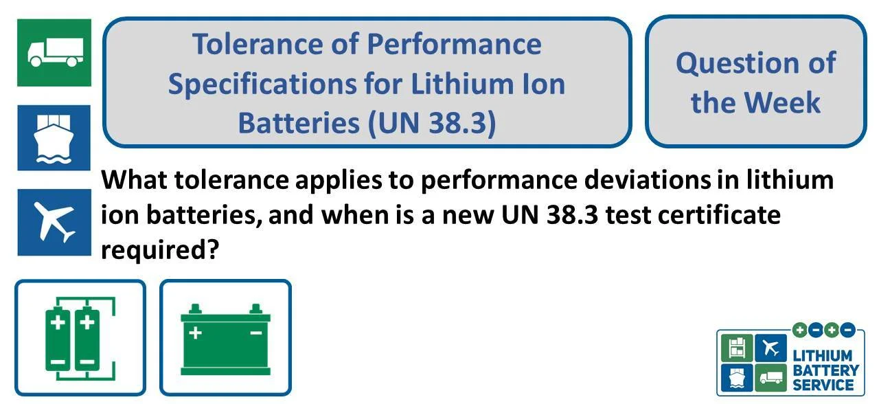 The question of the week is: What tolerance applies to performance deviations in lithium ion batteries, and when is a new UN 38.3 test certificate required? Frage der Woche Toleranzen bei Leistungsangaben de