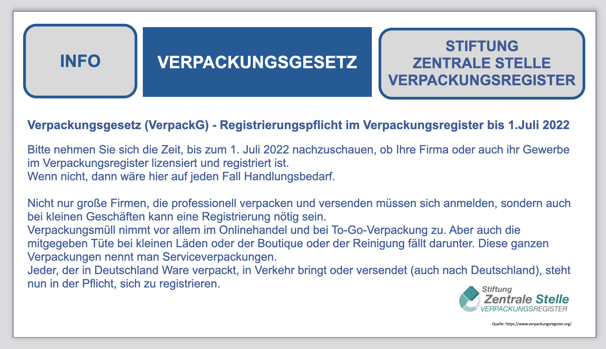 Verpackungsgesetz (VerpackG) - Registrierungspflicht im Verpackungsregister bis 1.Juli 2022