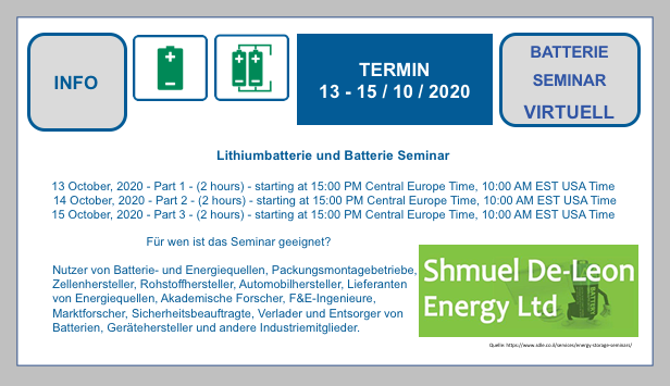 Shmuel De-Leon Energy, Ltd. - Virtuelles Batterieseminar- 13-15.Oktober 2020