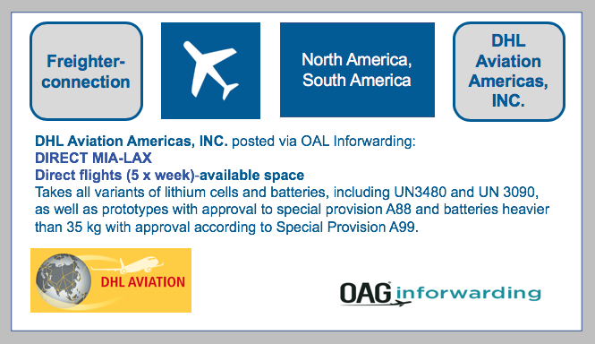 DHL Aviation Americas, INC. posted via OAL Inforwarding: DIRECT MIA-LAX- starting may 26TH- Region North America, South America BF-DE-Fracht-DHL-Aviation-OAG-Inforwarding-Nordamerika-Su-damerika-Lithiumzellen-Lithiumbatterien-Versand-Verpacken-Transport-Luftverkehr