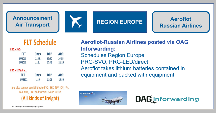 Aeroflot-Russian Airlines posted via OAG Inforwarding: BF-DE-OAGinforwarding-AeroflotRussianAirlines-Europa-PRG-SVO-LED-Lithiumbatterien-UN3091-UN3481-Airlines-Verpacken-Versand-Transport-UN-38-3-Pruefungszusammenfassung-Qualitaetsmana