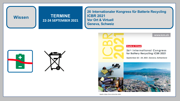 26. Internationaler Kongress für Batterie Recycling ICBR 2021 Vor Ort & Virtuell 22-24 SEPTEMBER 2021 Geneva, Schweiz