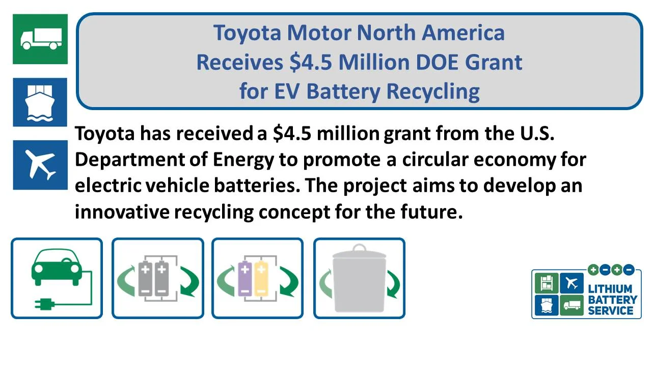 Toyota Motor North America Receives $4.5 Million DOE Grant for EV Battery Recycling Toyota Battery Recycling de