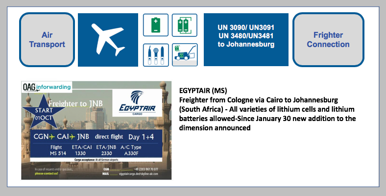 EGYPTAIR (MS) Freighter from Cologne via Cairo to Johannesburg (South Africa) - All varieties of lithium cells and lithium batteries allowed-Since January 30 new addition to the dimension announced BF-DE-Egyptair-Frachtflugzeugverbindung