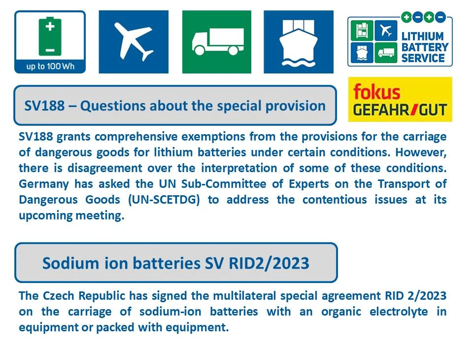 Lithium batteries: Questions about SV 188  &  Sodium ion batteries: Czech Republic signs RID 2/2023 fokus Gefahrgut Natrium-Ionen-Batterien de