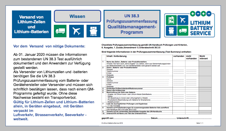 Vor dem Versand von Lithiumzellen und -batterien nötige Dokumente: UN 38.3 Prüfungszusammenfassung ,Qualitätsmanagement-Programm, Ausnahmen