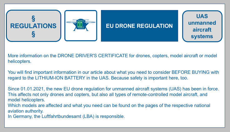 More information on the DRONE DRIVER'S CERTIFICATE for drones, copters, model aircraft or model helicopters. Information on what you need to consider before buying with regard to the lithium ion battery for propulsion in our blog article.