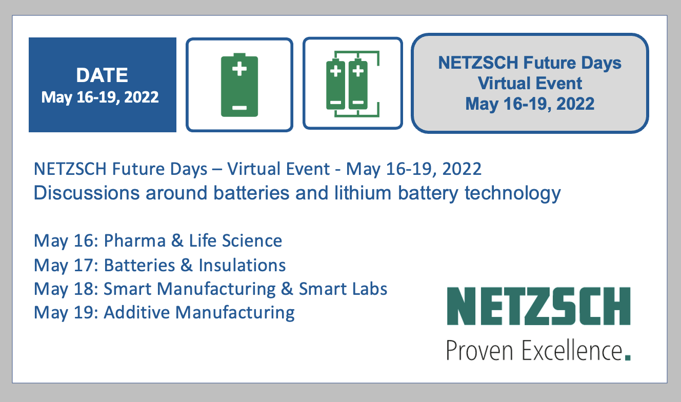 NETZSCH Future Days – Virtual Event - May 16-19, 2022 Discussions around batteries and lithium battery technology
