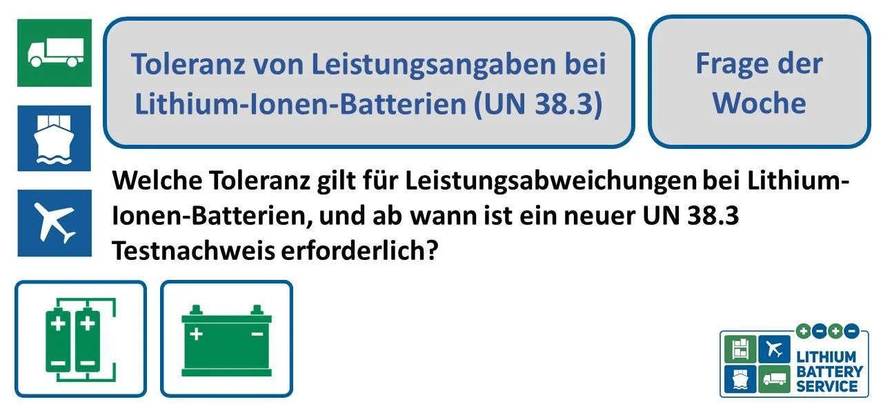 Die Frage der Woche lautet heute: Welche Toleranz gilt für Leistungsabweichungen bei Lithium-Ionen-Batterien, und ab wann ist ein neuer UN 38.3 Testnachweis erforderlich? Frage der Woche Toleranzen bei Leistungsangaben de