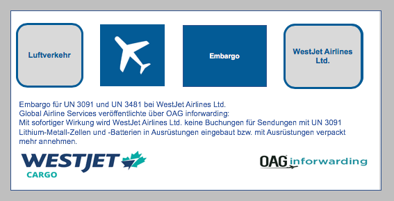Embargo für UN 3091 und UN 3481 bei WestJet Airlines Ltd.
