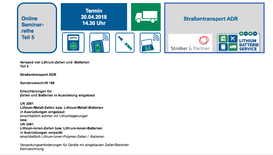 Online Seminar Reihe - Teil 5  Versand von Lithium-Zellen und -Batterien in Ausrüstung    BFTeil5Onlineseminarreihe20-4-2018