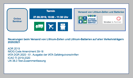 Neuerungen beim Versand von Lithium-Zellen und Lithium-Batterien auf allen Verkehrsträgern 2020/2021-Onlineseminar am 27.09 um 10.00Uhr