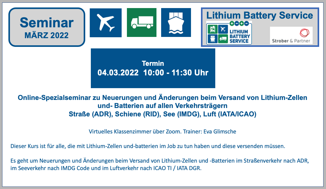 Online-Spezialseminar zu Neuerungen und Änderungen beim Versand von Lithium-Zellen und- Batterien