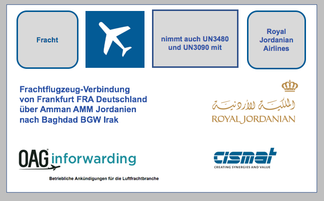 Cismat veröffentlichte über OAG Inforwarding: Royal Jordanian Airlines: Frachtflugzeug-Verbindung am 2. Februar 2019