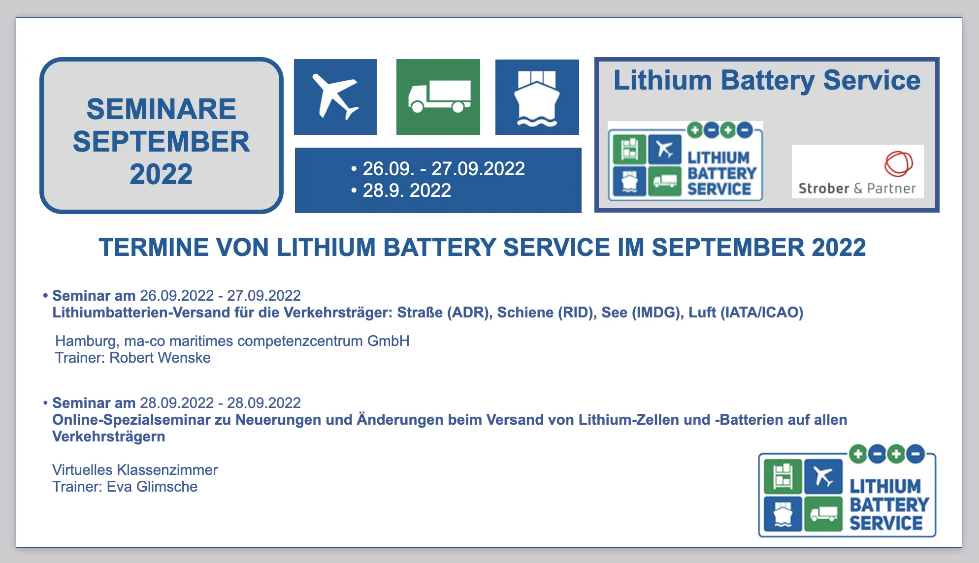 TERMINE VON LITHIUM BATTERY SERVICE IM SEPTEMBER 2022 BF-DE-sept2022-lithiumbatteryservice-StroberundPartner-Lithiumbatterieseminar-versand-verpacken-transport-lithiumzellen-lithiumbatterien-logistik-strassenverkehr-seeverkehr-luftver