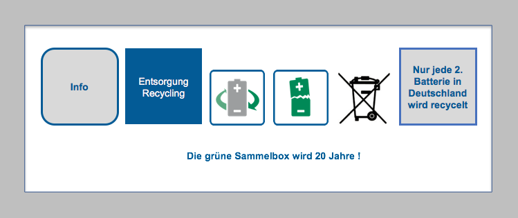 Nur jede zweite Batterie in Deutschland wird recycelt ! Die grüne Sammelbox wird 20 Jahre ! BF-DE-gru-ne-Sammelbox