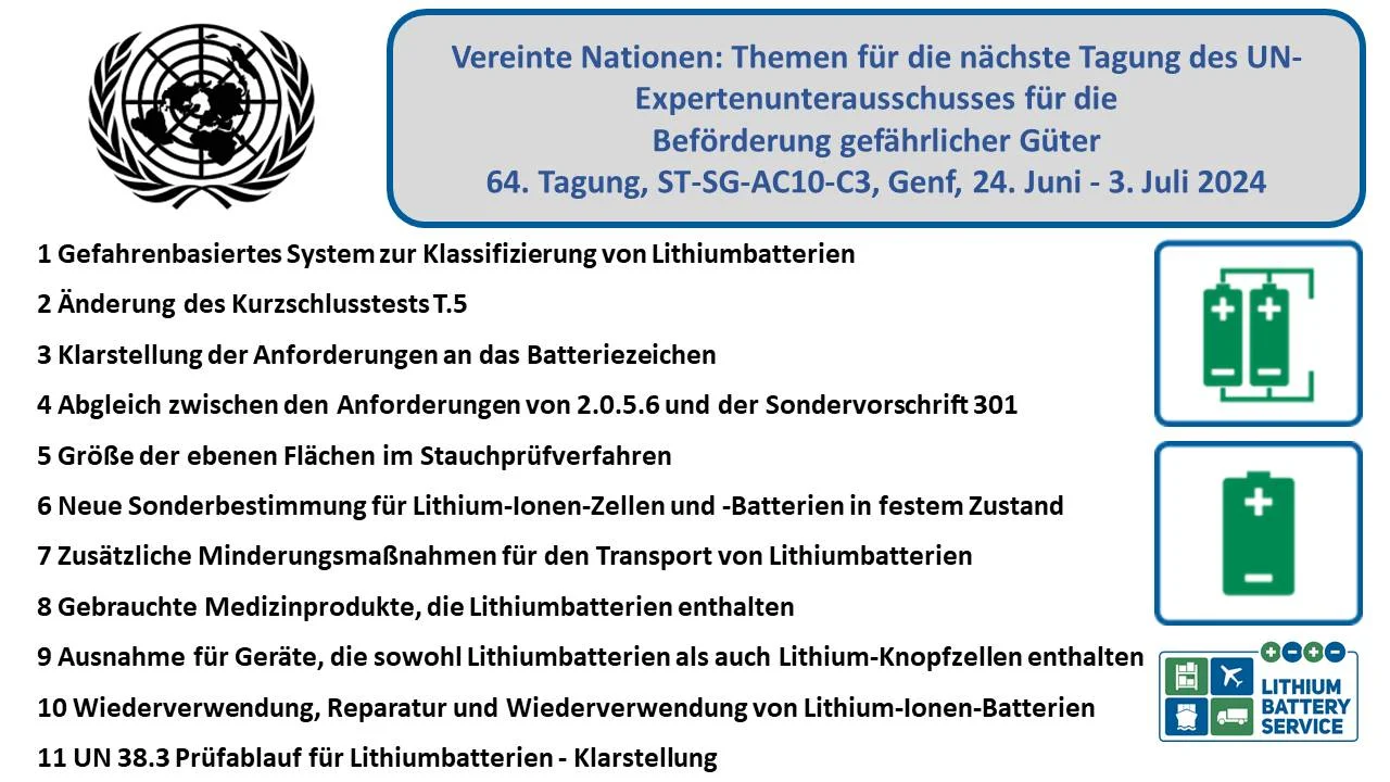 Vereinte Nationen: Themen für die nächste Tagung des UN-Expertenunterausschusses für die Beförderung gefährlicher Güter 64. Tagung, ST-SG-AC10-C3, Genf, 24. Juni - 3. Juli 2024 Newsletter 3-2024 Thema1 de