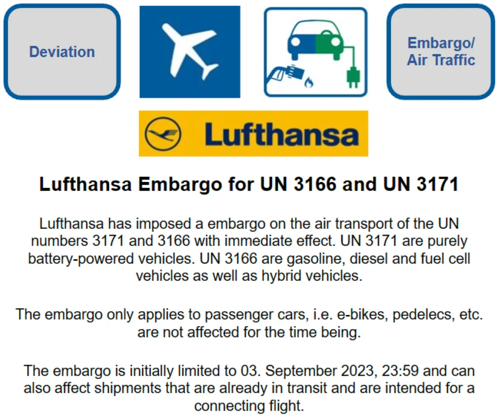Lufthansa has imposed a embargo on the air transport of the UN numbers ...