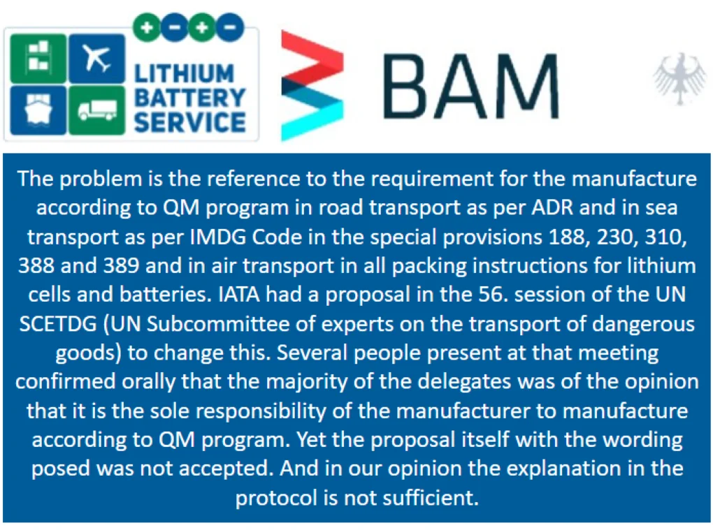 BAM experience exchange packagings, QM program for the manufacture of lithium cells and batteries
