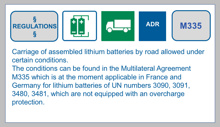 Multilateral Agreement M335: carriage of assembled lithium batteries,which are not equipped with an overcharge protection. BF-DE-M335-ADR-Strassenverkehr-Lithiumbatterien-UN38 3-Qualita-tsmanagementprogramm-Versand-Transport-Gefahrgut-Verpacken