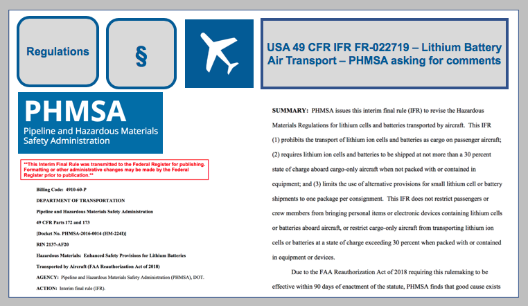 USA 49 CFR IFR FR-022719 – Lithium Battery Air Transport – PHMSA asking for comments BF-DE-USA-49-CFR-IFR-FR-022719-PHMSA