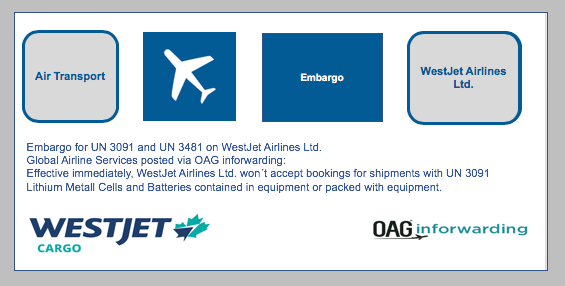 Embargo for UN 3091 and UN 3481 on WestJet Airlines Ltd.