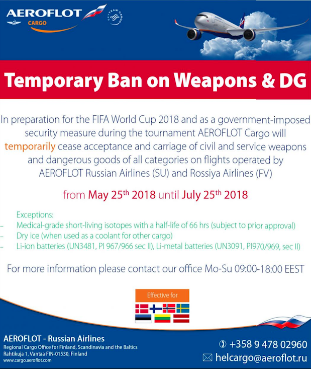 Embargo auf AEROFLOT Russian Airlines (SU) und Rossiya Airlines (FV) mit Ausnahme von Teil II der UN 3481 und Teil II der UN 3091 vom 25. Mai bis 25. Juli 2018