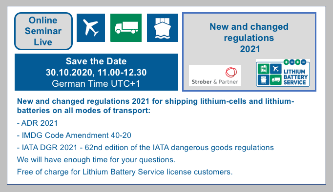 Online seminar - New and changed regulations 2021 in the shipping of lithium-cells and lithium-batteries on all modes of transport