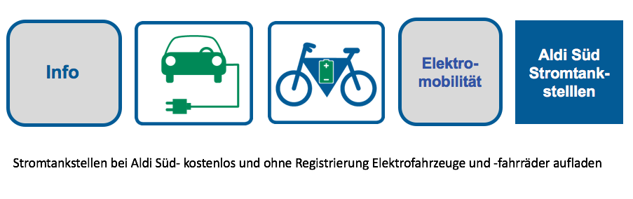 Elektromobilität - Stromtankstellen bei Aldi Süd - kostenlos und ohne Registrierung Elektrofahrzeuge und -fahrräder aufladen. Bei Aldi Süd können Sie kostenlos und ohne Registrierung ihr Elektrofahrzeuge und -fahrräder mit Strom aus den Fotovoltaikanlagen