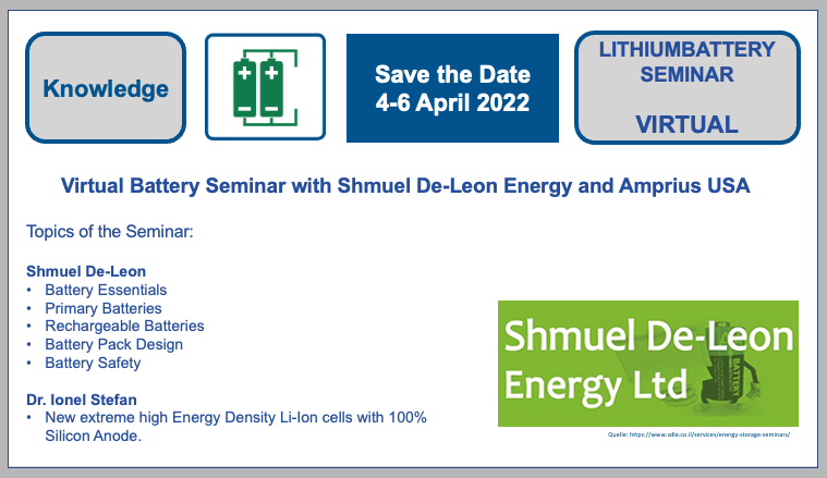 Virtual Battery Seminar 4-6 April, 2022 Shmuel De Leon Energy and Amprius USA