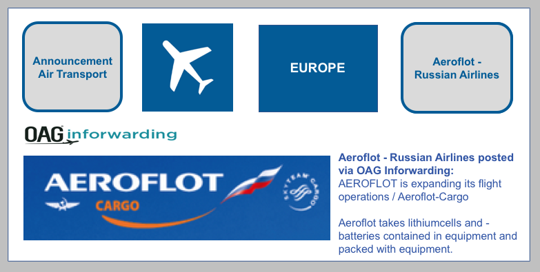 Aeroflot-Russian Airlines posted via OAG Inforwarding: BF-DE-OAG-inforwarding-erweiterte-Flugpla-ne-Aeroflot-Russian-Airlines-Transport-Lithiumzellen-Lithiumbatterien-UN3091-UN3481-Airlines-Verpacken-Versand-Transport-UN-38-3-Pruefungs