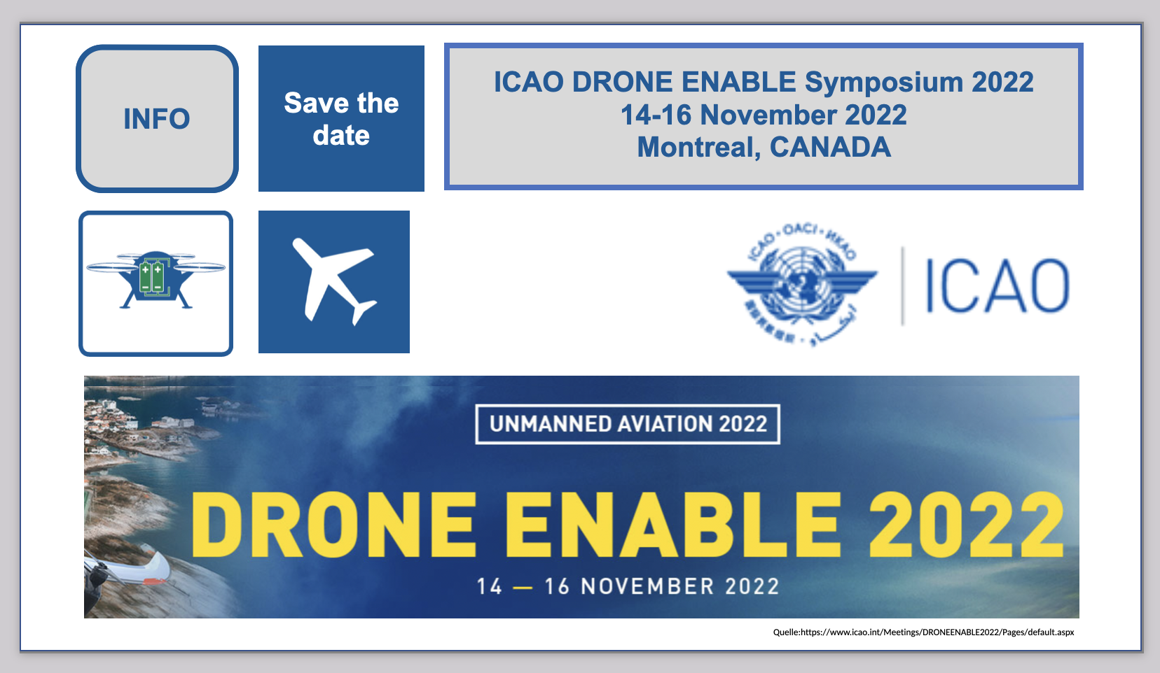 ICAO DRONE ENABLE Symposium 2022 14 - 16 November 2022 BF-DE-ICAO-ICAOSymposium2022-Kanada-Drohnen-Luftverkehr-unbemannte-Luftfahrtsysteme-UAS-UTM-grosselithiumbatterien-Versand-Transport-Lithiumzellen-Lithiumbatterien