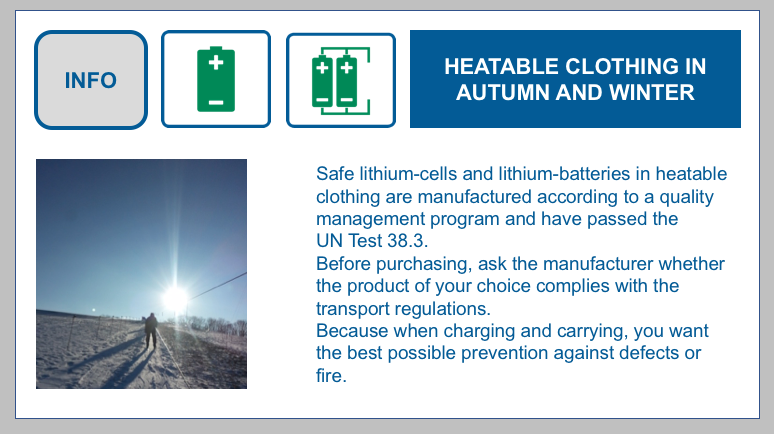Heatable clothing with lithium cells or lithium batteries BF-DE-Beheizbare-Kleidung-Lithiumzellen-Lithiumbatterien-UN-38-3-Test-Qualita-tsmanagementprogramm-Transport-Verpacken-Versand