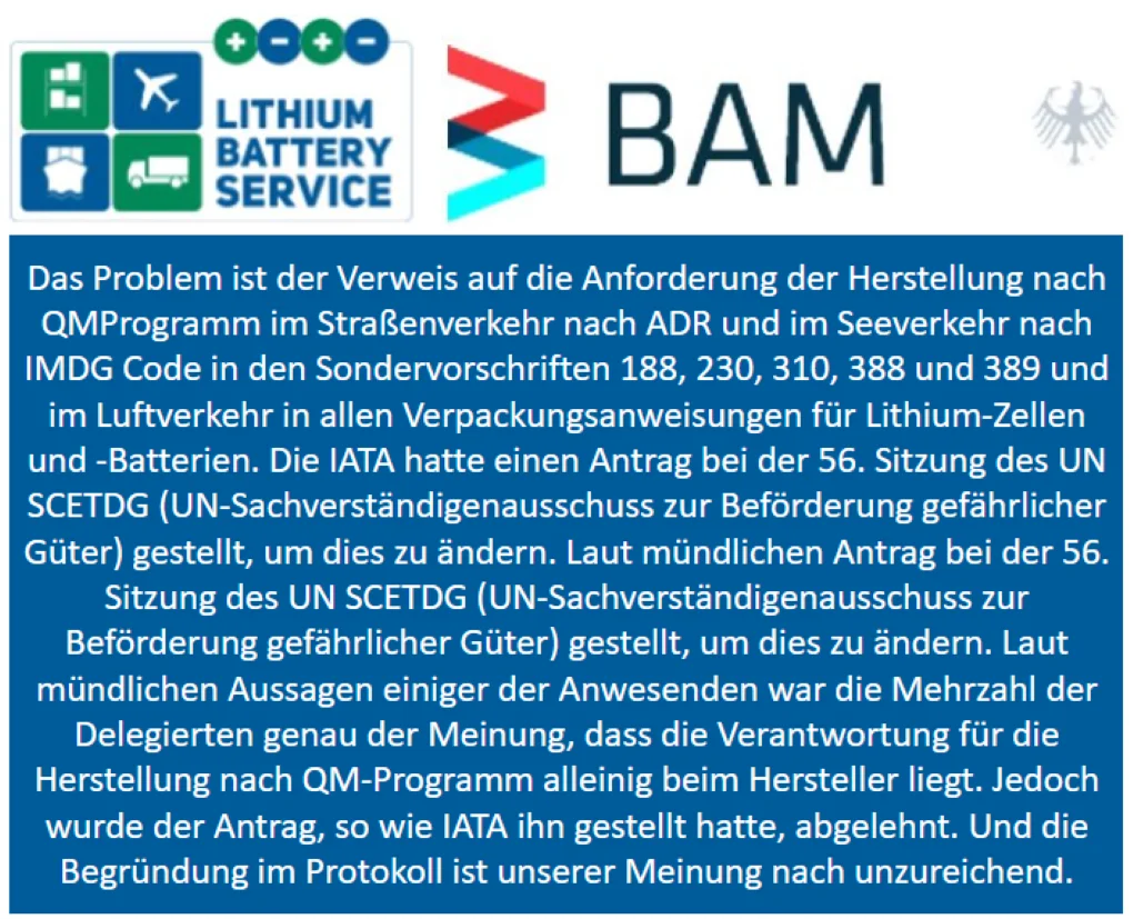 BAM Erfahrungsaustausch Verpackungen, QM-Programm für die Herstellung von Zellen und Batterien