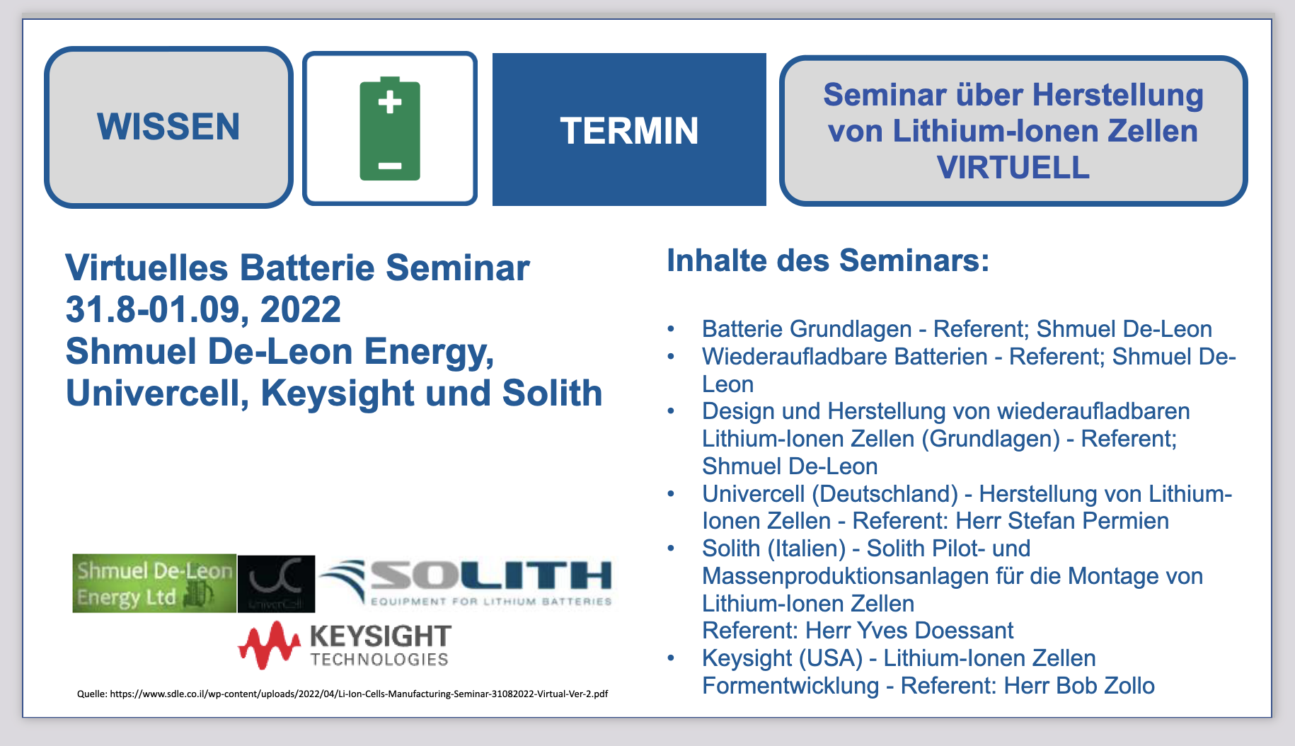 Herstellung von Lithium-Ionen Zellen Virtuelles Seminar - 31/8-1/9/2022 Shmuel De-Leon Energy. Ltd