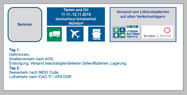 Seminar Lithium-Batterie-Einweisung- Versand von Lithiumbatterien auf allen Verkehrsträgern am 11.11. - 12.11.2019