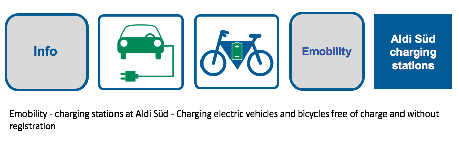 Emobility - charging stations at Aldi Süd - Charging electric vehicles and bicycles free of charge and without registration. At Aldi Süd you can charge your electric vehicles and bicycles free of charge and without registration with electricity from the p