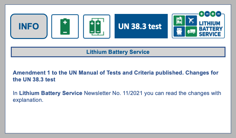 Amendment 1 to the UN Manual of Tests and Criteria published. Changes for the UN 38.3 test  BF-DE-amendment1-UN38-3test-UNHandbuchderPru-fungenundKriterien-UNManualofTestsandCriteria-a-nderungen-lithiumzellen-lithiumbatterien-LithiumBatteryService-Newsletter