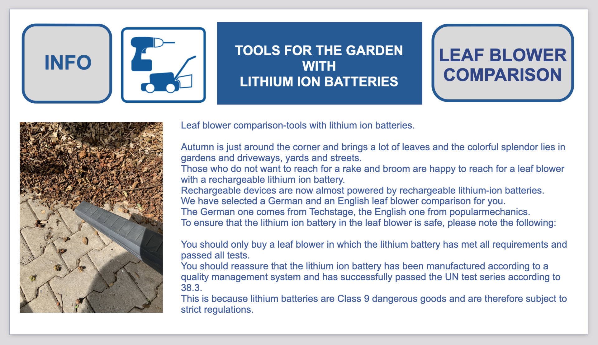 Leaf blower comparisontools with lithium ion batteries. Autumn is just